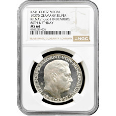 Weimar Republic Karl Goetz Medal 1927 D, NGC MS64, "Hindenburg 80th Birthday"