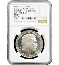 Weimar Republic Karl Goetz Medal 1927 D, NGC MS64, "Hindenburg 80th Birthday"