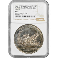 Германия серебряная медаль 1860 г., NGC MS62, "Страховая компания Папенбург"