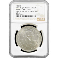 Romania silver medal 1948, NGC MS63, "Nicolae Balcescu - Revolution 100th Ann."