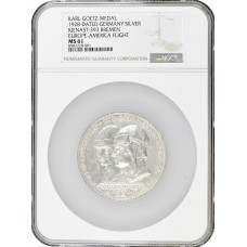 Weimar Republic silver medal 1928, NGC MS61, "Transatlantic Flight of Bremen"