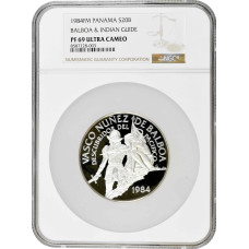 Panama 20 balboas 1984 FM, NGC PF69 UC, "Vasco Nunez de Balboa" silver coin