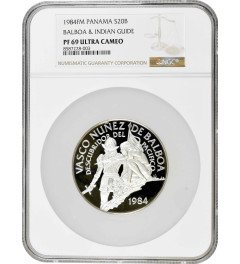 Panama 20 balboas 1984 FM, NGC PF69 UC, "Vasco Nunez de Balboa" silver coin