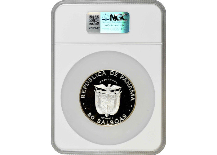 Panama 20 balboas 1984 FM, NGC PF69 UC, "Vasco Nunez de Balboa" silver coin