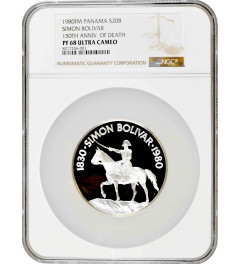 Panama 20 balboas 1980 FM, NGC PF68 UC, "150th Anniv. - Death of Simon Bolivar"