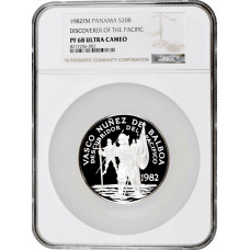 Panama 20 balboas 1982 FM, NGC PF68 UC, "Vasco Nunez de Balboa" silver coin