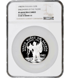Panama 20 balboas 1982 FM, NGC PF68 UC, "Vasco Nunez de Balboa" silver coin