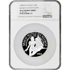 Panama 20 balboas 1984 FM, NGC PF67 UC, "Vasco Nunez de Balboa" silver coin