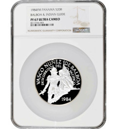 Panama 20 balboas 1984 FM, NGC PF67 UC, "Vasco Nunez de Balboa" silver coin