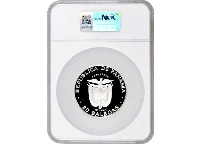 Panama 20 balboas 1984 FM, NGC PF67 UC, "Vasco Nunez de Balboa" silver coin