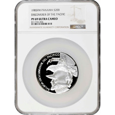 Panama 20 balboas 1985 FM, NGC PF69 UC, "Balboa, Discoverer of the Pacific"