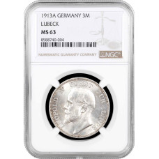 Lippe-Detmold 3 mark 1913 A, NGC MS63, "Prince Leopold IV (1905 - 1918)"