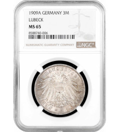 Lubeck 3 mark 1909 A, NGC MS65, "Free city of Lubeck (1871 - 1918)" silver coin