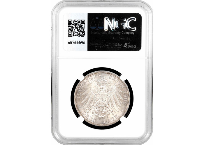 Lubeck 3 mark 1909 A, NGC MS65, "Free city of Lubeck (1871 - 1918)" silver coin