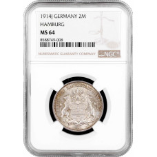 Hamburg 2 mark 1914 J, NGC MS64, "Free City (1871 - 1918)" silver coin