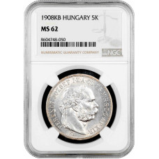 Hungary 5 korona 1908 KB, NGC MS62, "Emperor Franz Joseph I (1867 - 1916)"