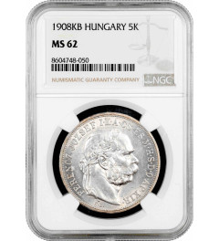 Hungary 5 korona 1908 KB, NGC MS62, "Emperor Franz Joseph I (1867 - 1916)"