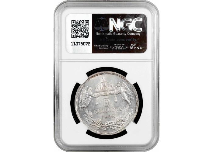 Hungary 5 korona 1908 KB, NGC MS62, "Emperor Franz Joseph I (1867 - 1916)"