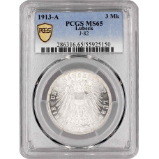 Lubeck 3 mark 1913, PCGS MS65, "Free city of Lubeck (1871 - 1918)" silver coin