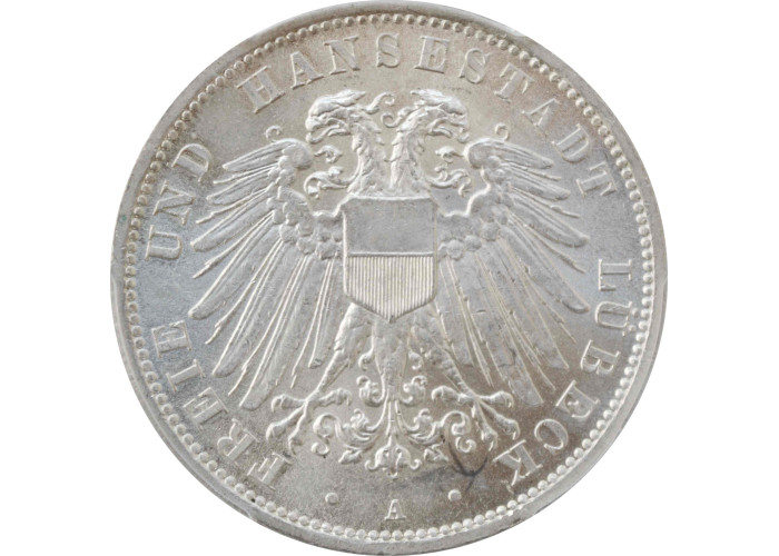 Lubeck 3 mark 1913, PCGS MS65, "Free city of Lubeck (1871 - 1918)" silver coin
