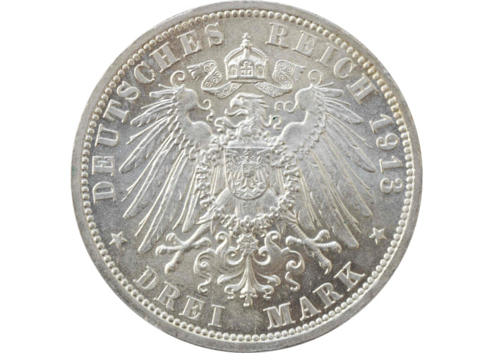Lubeck 3 mark 1913, PCGS MS65, "Free city of Lubeck (1871 - 1918)" silver coin