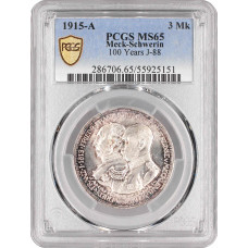 Mecklenburg-Schwerin 3 mark 1915 A, PCGS MS65, "Duchy of Mecklenburg-Schwerin"