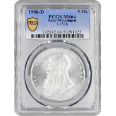 Saxe-Meiningen 5 mark 1908 D, NGC MS64, "Duke George II (1866 - 1914)"