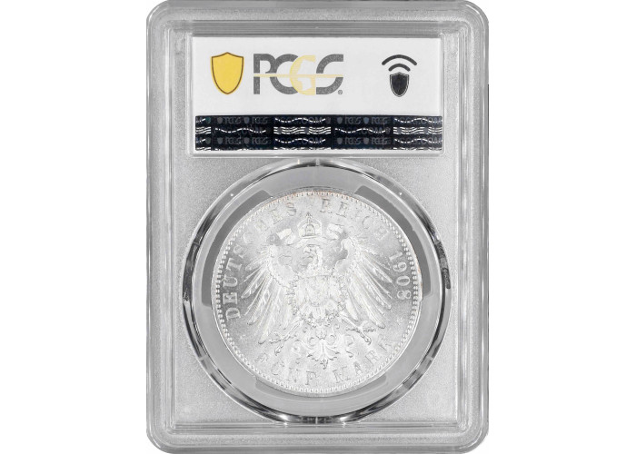 Saxe-Meiningen 5 mark 1908 D, NGC MS64, "Duke George II (1866 - 1914)"