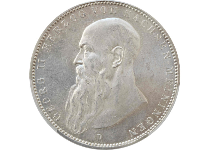 Saxe-Meiningen 5 mark 1908 D, NGC MS64, "Duke George II (1866 - 1914)"