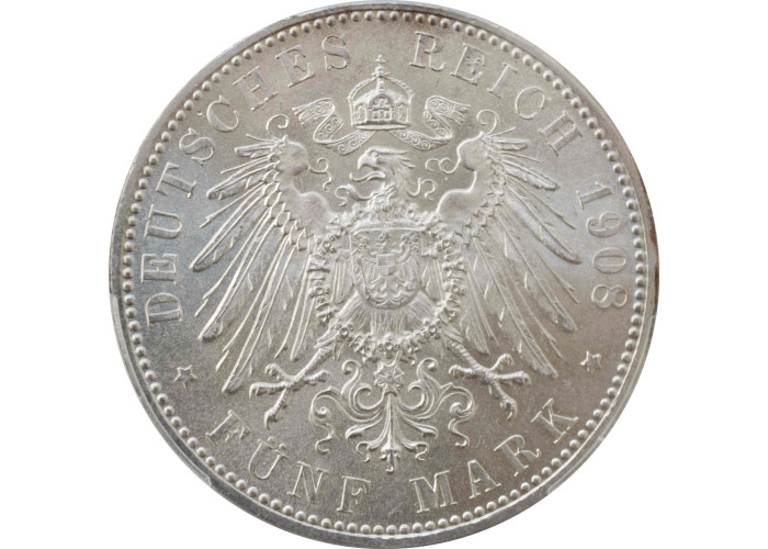 Saxe-Meiningen 5 mark 1908 D, NGC MS64, "Duke George II (1866 - 1914)"