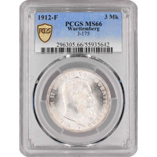 Wurttemberg 3 mark 1912 F, PCGS MS66, "King William II (1891 - 1918)"