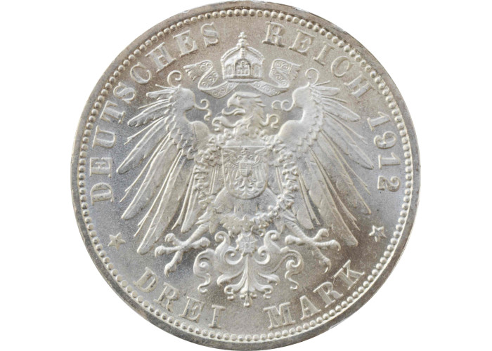 Wurttemberg 3 mark 1912 F, PCGS MS66, "King William II (1891 - 1918)"