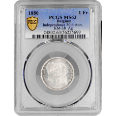 Belgium 1 franc 1880, PCGS MS63, "50th Anniversary - Independence" silver coin