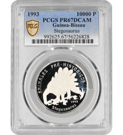 Guinea-Bissau 10.000 pesos 1993, PCGS PR67 DCAM, "Pre-History Stegosaurus"