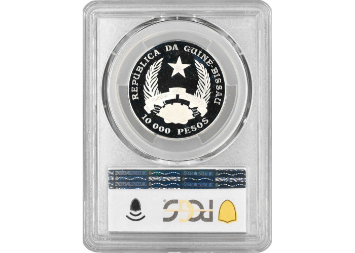 Guinea-Bissau 10.000 pesos 1993, PCGS PR67 DCAM, "Pre-History Stegosaurus"