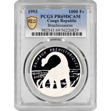 Congo Republic 1000 francs 1993, PCGS PR69 DCAM, "Brachiosaurus" Top Pop 2/0