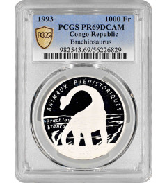 Республика Конго 1000 франков 1993 г., PCGS PR69 DCAM, "Брахиозавр" Top Pop 2/0
