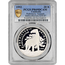 Cambodia 20 riels 1993, PCGS PR69 DCAM, "Prehistoric - Indricotherium" Top Pop