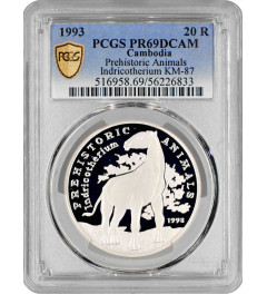 Камбоджа 20 риелей 1993 г., PCGS PR69 DCAM, "Доисторические животные - Индрикотерии" Top Pop