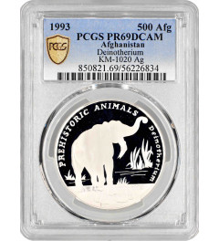 Афганистан 500 афгани 1993 г., PCGS PR69 DCAM, "Доисторические животные - Дейнотерий" Top Pop