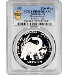Северная Корея 500 вон 1993 г., PCGS PR69 DCAM, "Доисторические животные - Бронтозавр" Top Pop