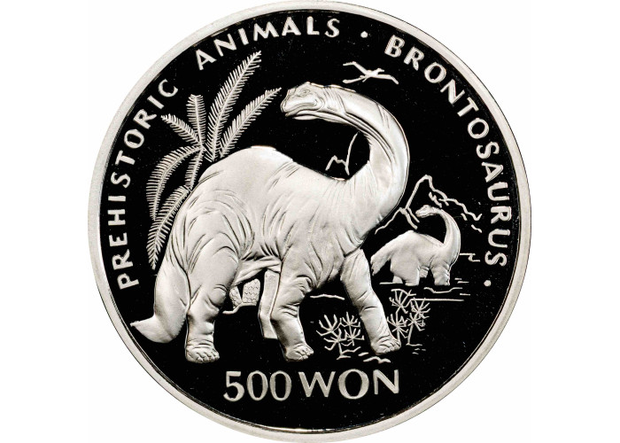 Северная Корея 500 вон 1993 г., PCGS PR69 DCAM, "Доисторические животные - Бронтозавр" Top Pop