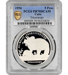 Cuba 5 pesos 1994, PCGS PR70 DCAM, "Prehistoric Animals - Triceratops" Top Pop 1/0