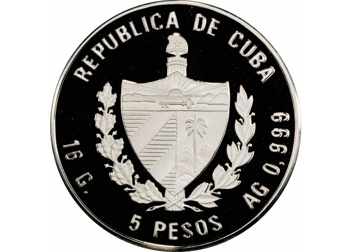 Cuba 5 pesos 1994, PCGS PR70 DCAM, "Prehistoric Animals - Triceratops" Top Pop 1/0