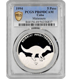 Cuba 5 pesos 1994, PCGS PR69 DCAM, "Prehistoric Animals - Maiasaura" Top Pop 1/0