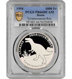 Benin 1000 francs 1994, PCGS PR66 DCAM, "Pre-History - Tyrannosaurus Rex"