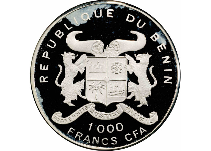 Benin 1000 francs 1994, PCGS PR66 DCAM, "Pre-History - Tyrannosaurus Rex"