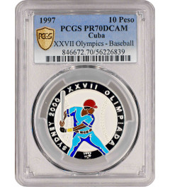 Cuba 10 pesos 1997, PCGS PR70 DCAM, "Olympic Games, Sydney 2000 - Baseball" Top Pop 1/0