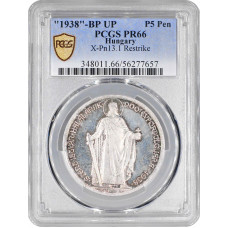 Ungarn 5 Pengö 1938 BP UP, PCGS PR66 RESTRIKE, "Tod des Heiligen Stephan I"