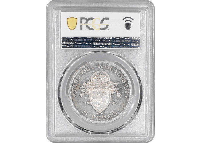 Ungarn 5 Pengö 1938 BP UP, PCGS PR66 RESTRIKE, "Tod des Heiligen Stephan I"